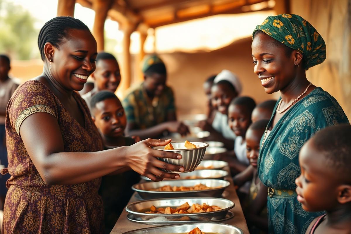 Des femmes servent des repas chauds à des enfants dans une cantine communautaire en Afrique